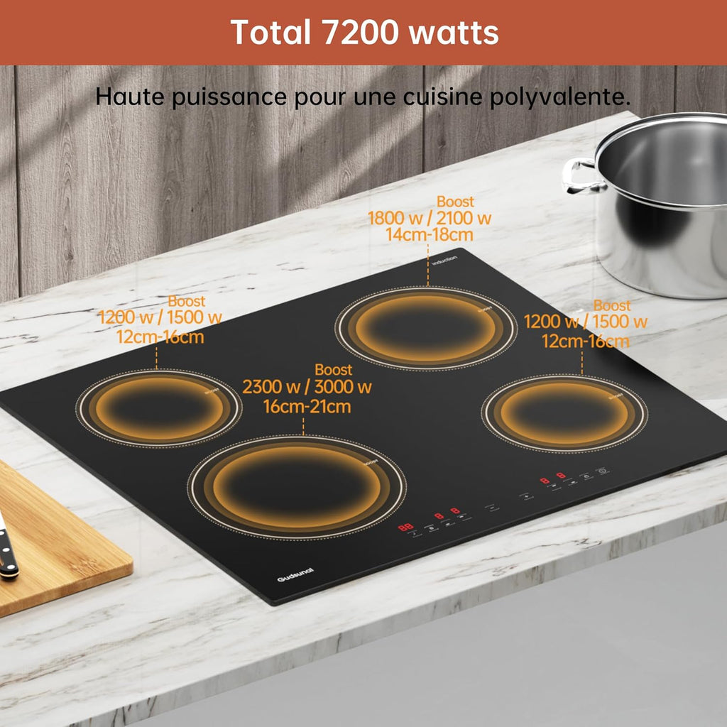 Plaque induction 4 feux, Table de Cuisson Encastrable,7200W, 9 niveaux de chauffage,Boost, Minuterie, Arrêt automatique, Verrouillage de sécurité enfant