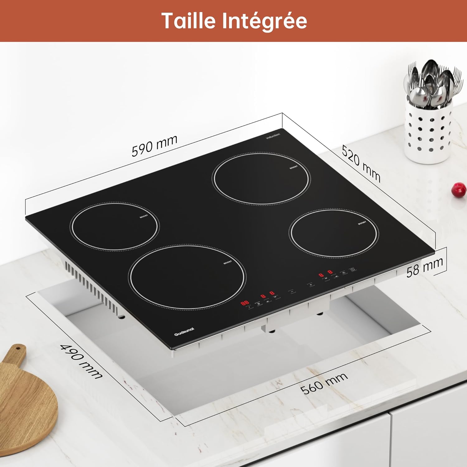 Plaque induction 4 feux, Table de Cuisson Encastrable,7200W, 9 niveaux de chauffage,Boost, Minuterie, Arrêt automatique, Verrouillage de sécurité enfant