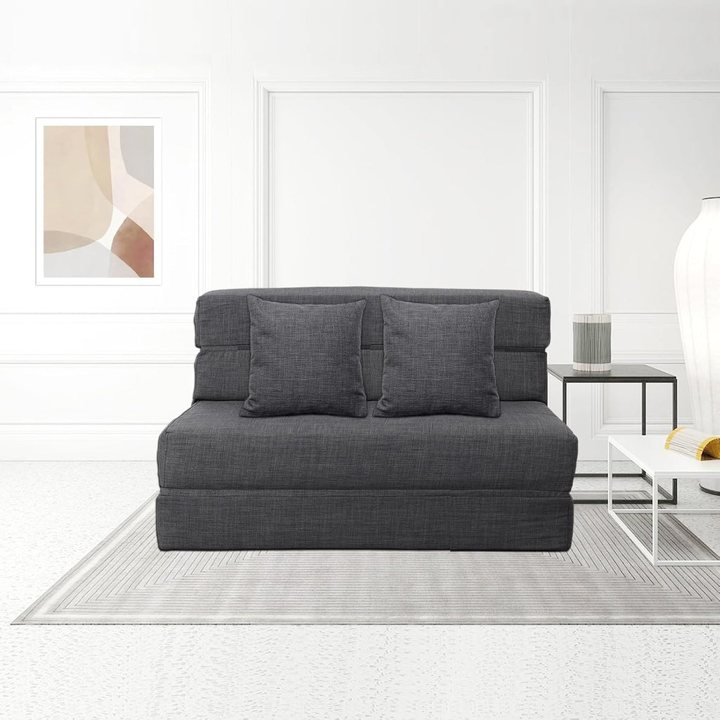 ANONER Canapé Convertible 2 Places 150cm de Large, Pliable en Mousse à Mémoire de Forme & 2 Oreillers, Lit Pliant de Sol pour Chambre Salon, Gris Foncé