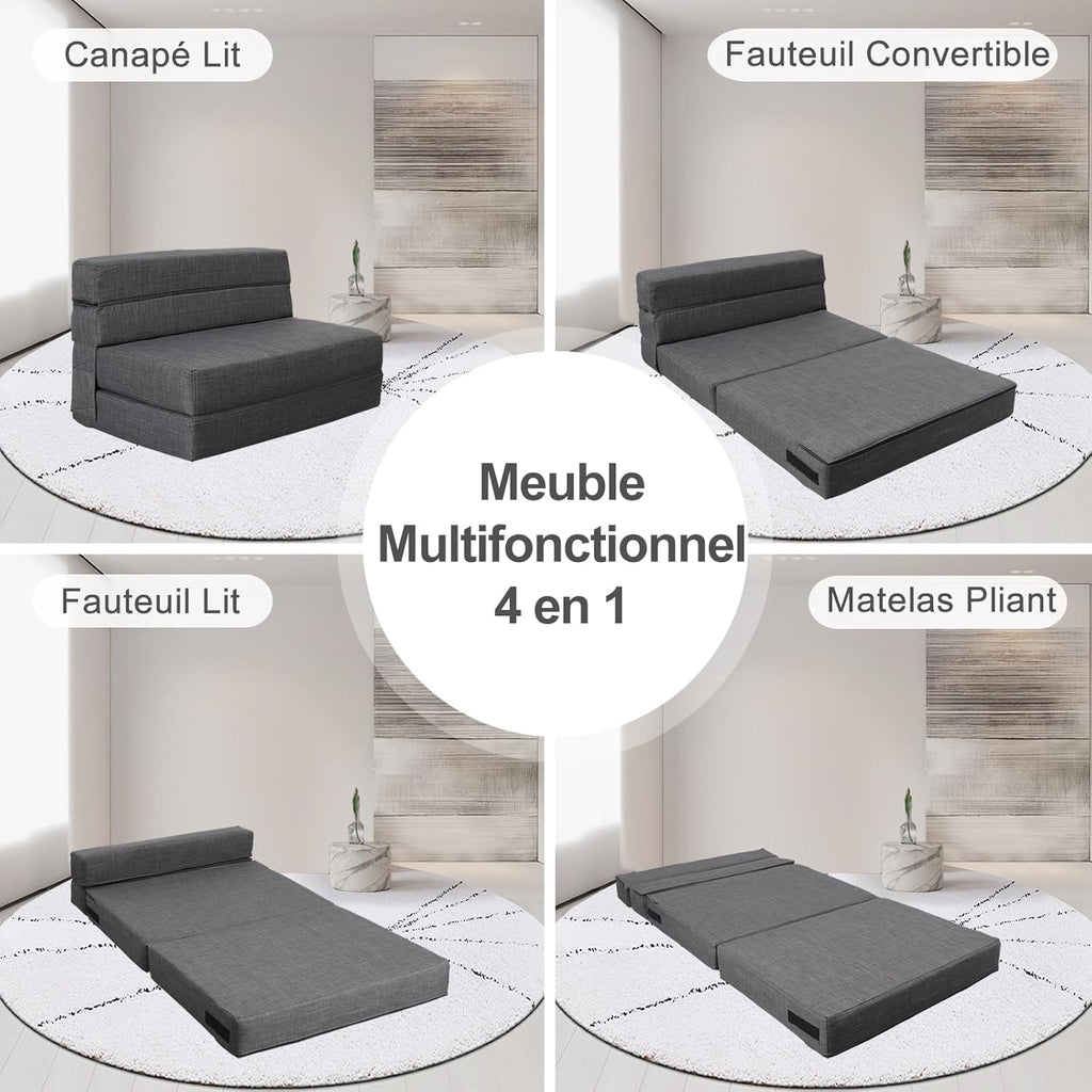 ANONER Canapé Convertible 2 Places 150cm de Large, Pliable en Mousse à Mémoire de Forme & 2 Oreillers, Lit Pliant de Sol pour Chambre Salon, Gris Foncé