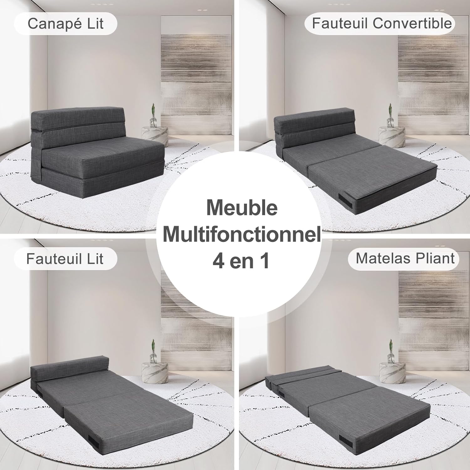 ANONER Canapé Convertible 2 Places 150cm de Large, Pliable en Mousse à Mémoire de Forme & 2 Oreillers, Lit Pliant de Sol pour Chambre Salon, Gris Foncé