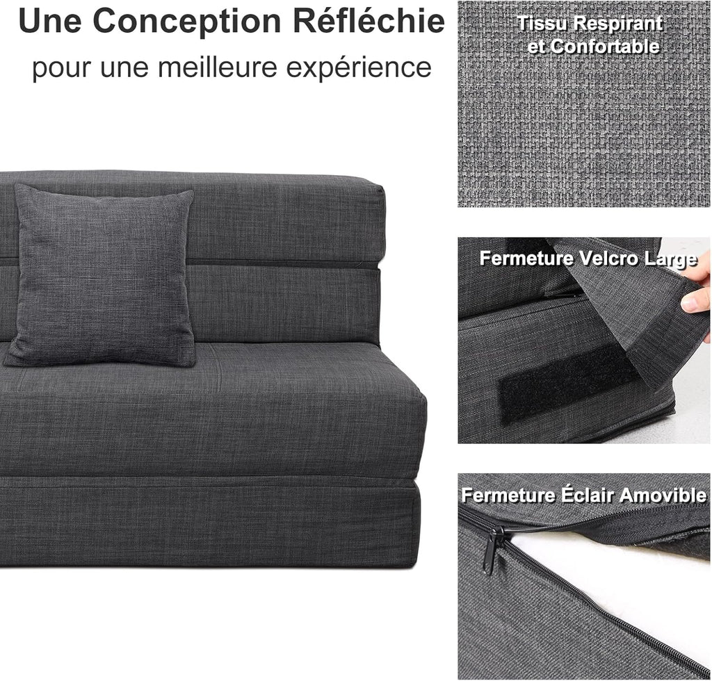 ANONER Canapé Convertible 2 Places 150cm de Large, Pliable en Mousse à Mémoire de Forme & 2 Oreillers, Lit Pliant de Sol pour Chambre Salon, Gris Foncé