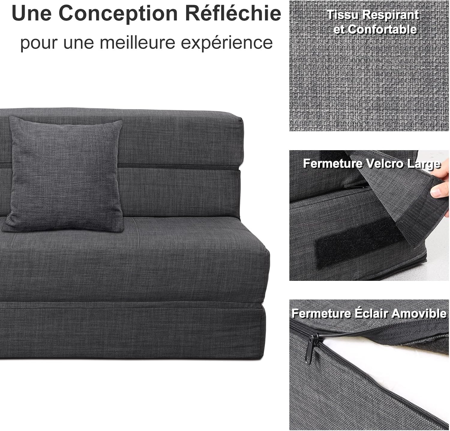 ANONER Canapé Convertible 2 Places 150cm de Large, Pliable en Mousse à Mémoire de Forme & 2 Oreillers, Lit Pliant de Sol pour Chambre Salon, Gris Foncé