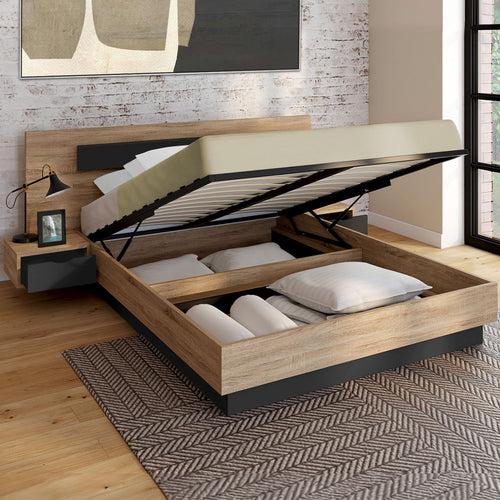 '- Lit Coffre Santa avec Tables de chevets intégrées et sommier 140x190cm Couleur Bois et Noir