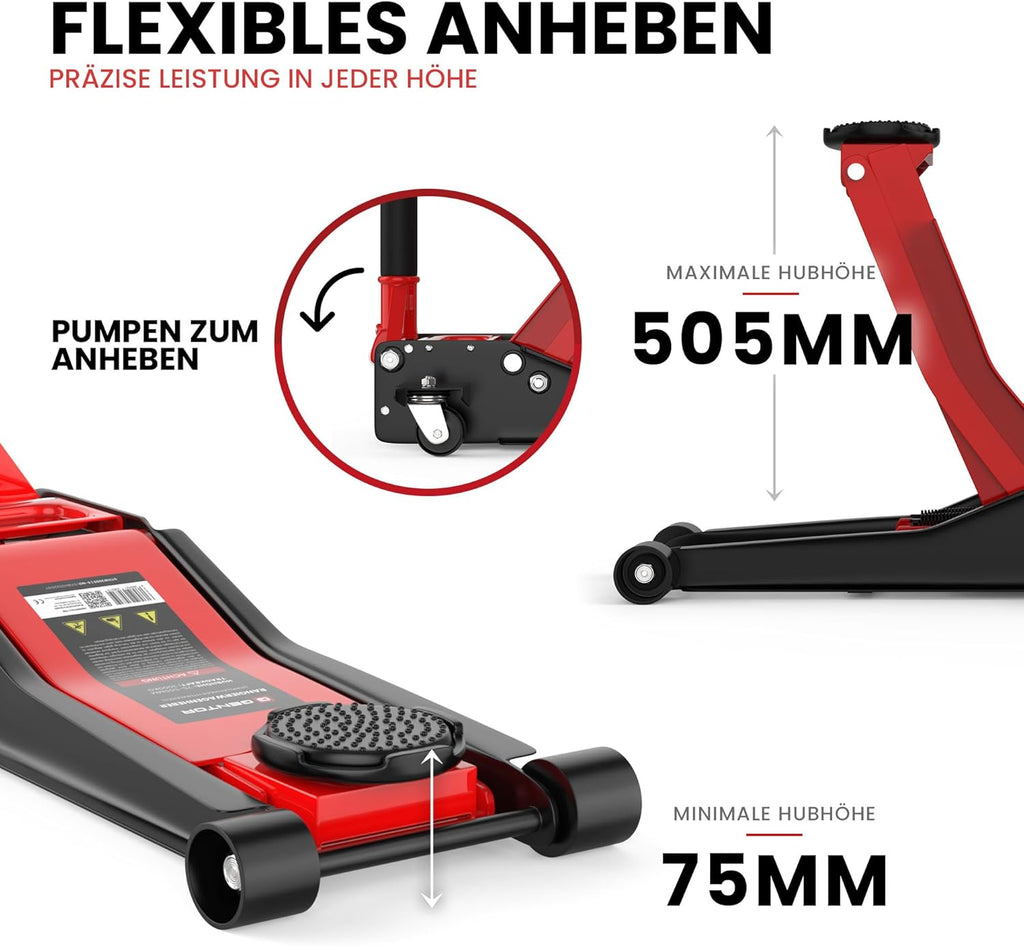 Cric hydraulique 3T - Hauteur de Levage Plate : 75-505 mm - avec 2 Supports en Caoutchouc - Cric hydraulique Professionnel - roulettes de Levage à 360°,
