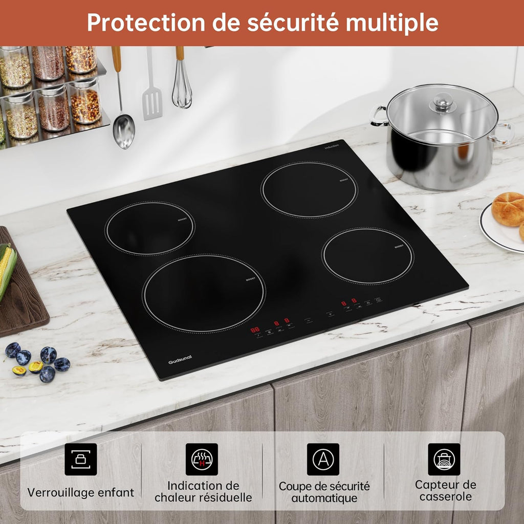 Plaque induction 4 feux, Table de Cuisson Encastrable,7200W, 9 niveaux de chauffage,Boost, Minuterie, Arrêt automatique, Verrouillage de sécurité enfant