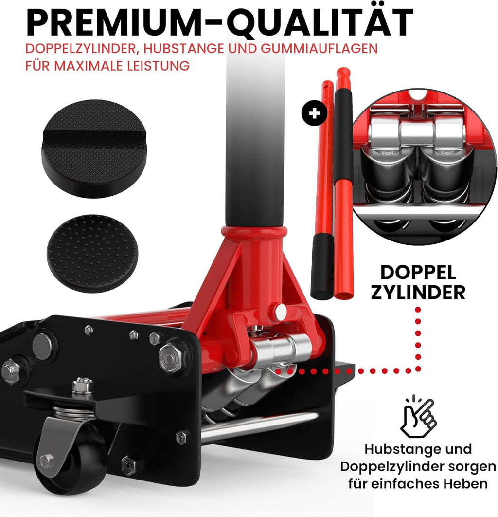 Cric hydraulique 3T - Hauteur de Levage Plate : 75-505 mm - avec 2 Supports en Caoutchouc - Cric hydraulique Professionnel - roulettes de Levage à 360°,