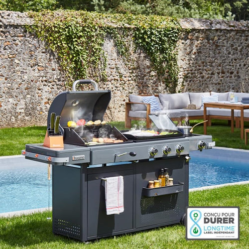 '- Barbecue Bi-Energy Gun Metal XL - Barbecue Charbon et Plancha 60 x 42 cm à gaz avec brûleur latéral -12,95 KW