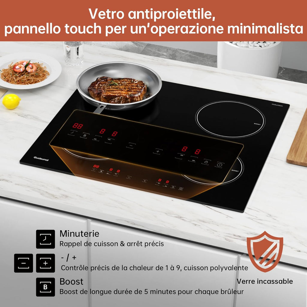 Plaque induction 4 feux, Table de Cuisson Encastrable,7200W, 9 niveaux de chauffage,Boost, Minuterie, Arrêt automatique, Verrouillage de sécurité enfant