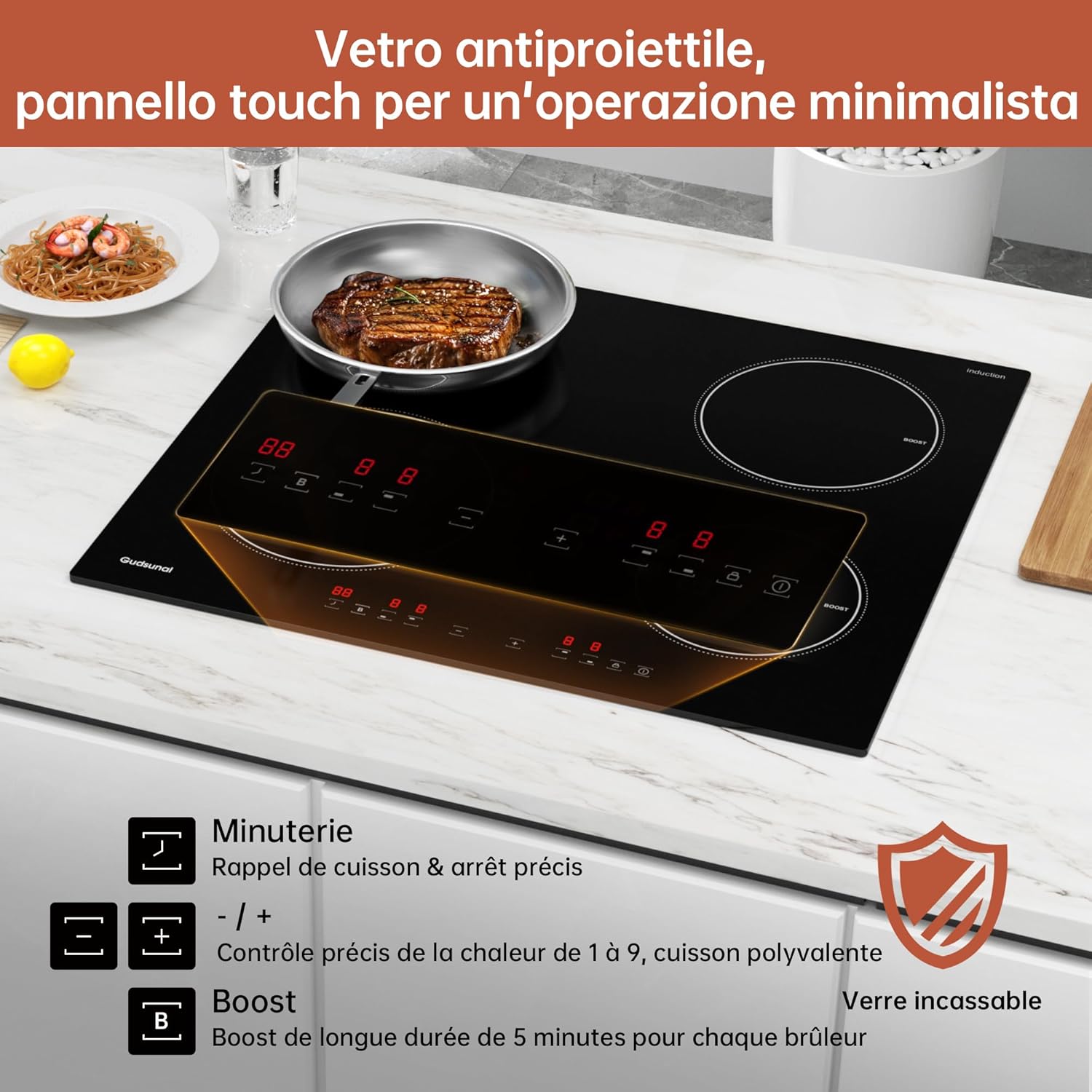 Plaque induction 4 feux, Table de Cuisson Encastrable,7200W, 9 niveaux de chauffage,Boost, Minuterie, Arrêt automatique, Verrouillage de sécurité enfant