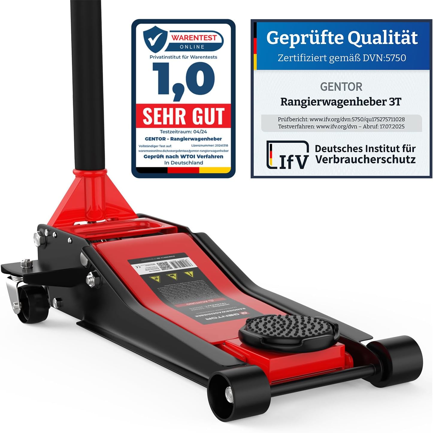 Cric hydraulique 3T - Hauteur de Levage Plate : 75-505 mm - avec 2 Supports en Caoutchouc - Cric hydraulique Professionnel - roulettes de Levage à 360°,