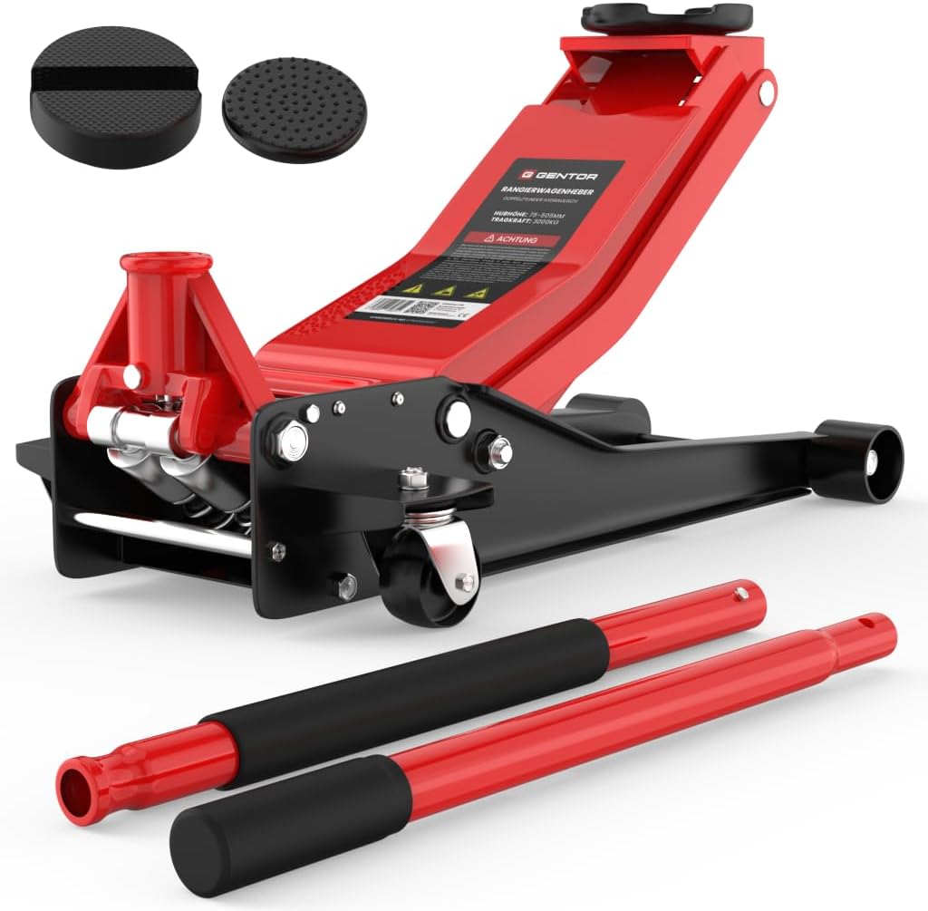 Cric hydraulique 3T - Hauteur de Levage Plate : 75-505 mm - avec 2 Supports en Caoutchouc - Cric hydraulique Professionnel - roulettes de Levage à 360°,