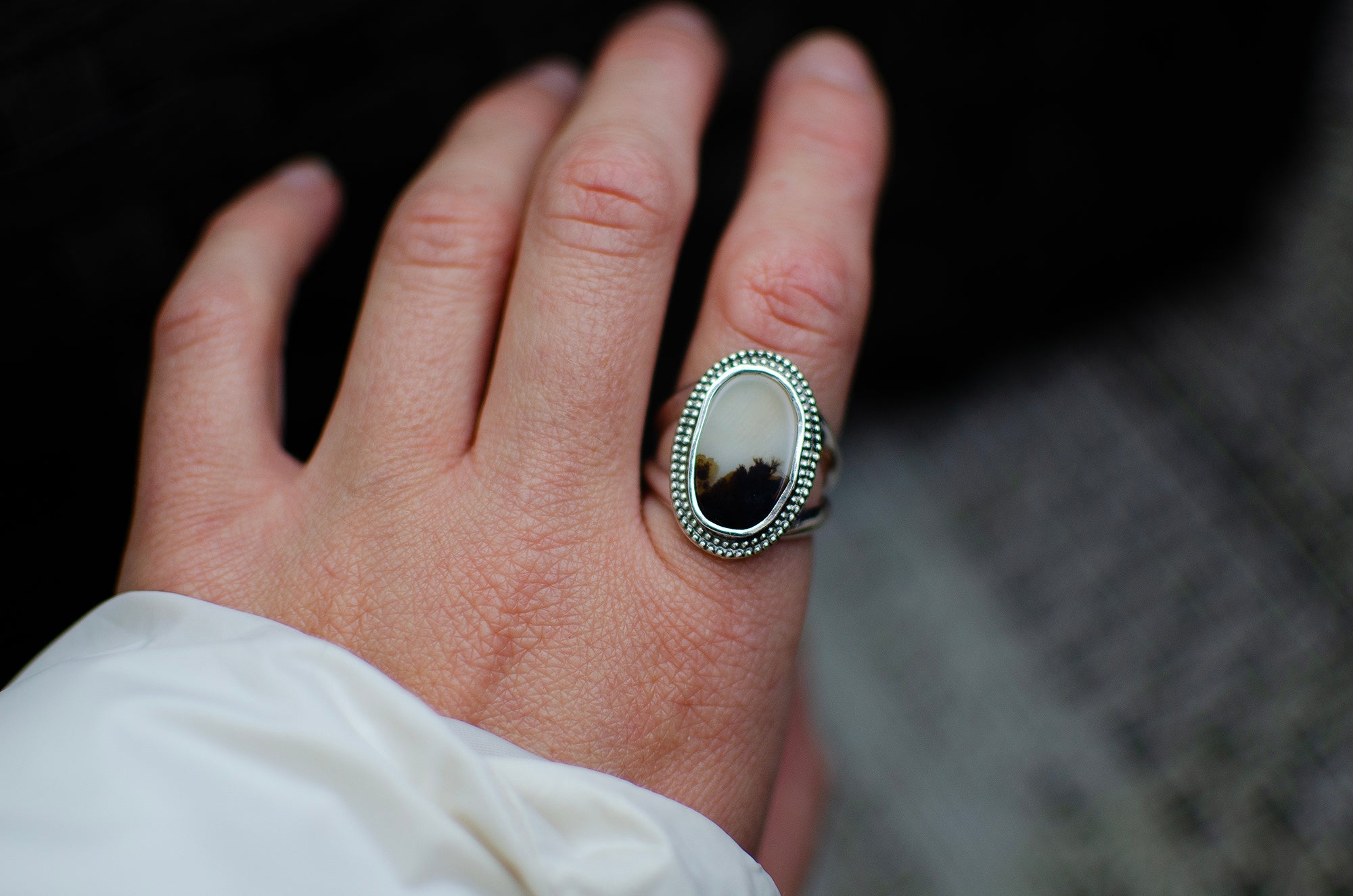 Bague en argent sterling avec agate dendritique – Taille 8
