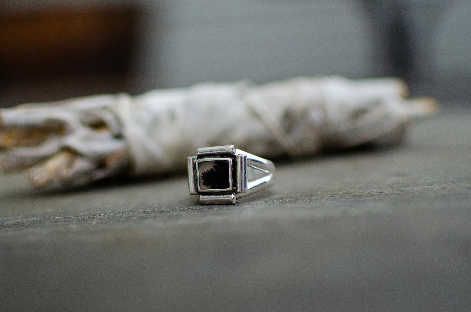 Bague en argent sterling avec agate dendritique – Taille 7,5