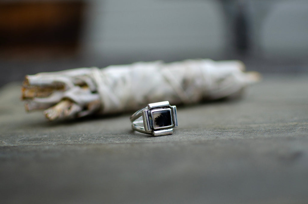 Bague en argent sterling avec agate dendritique – Taille 7,5