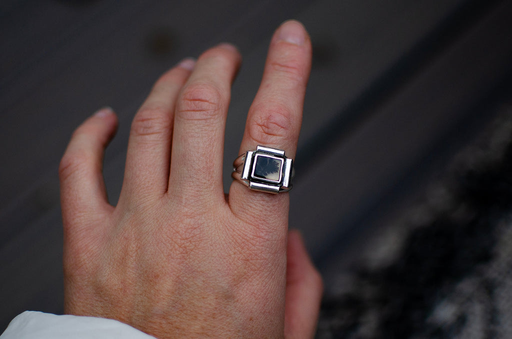 Bague en argent sterling avec agate dendritique – Taille 7,5