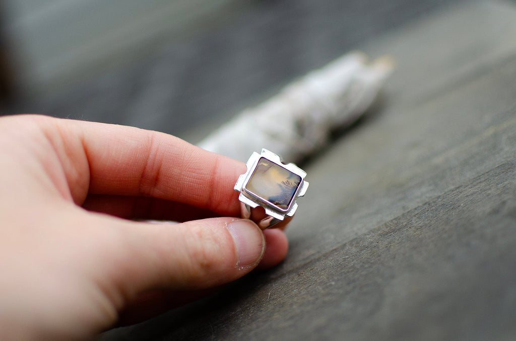 Bague en argent sterling avec agate dendritique – Taille 8,5