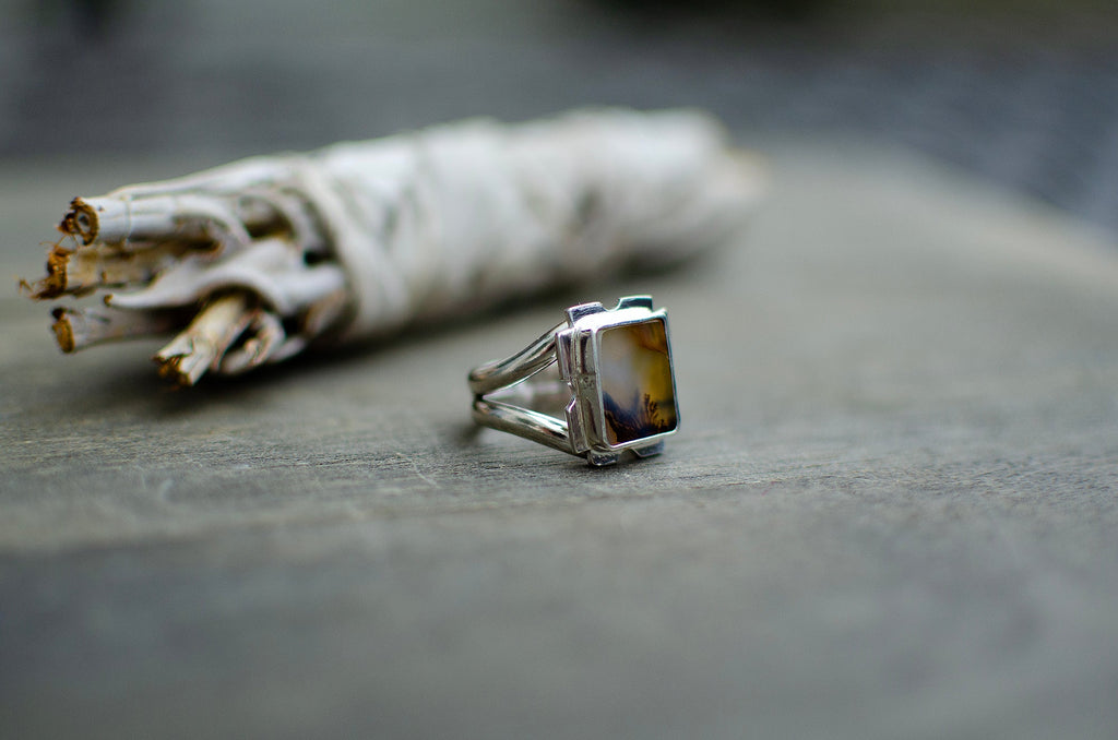 Bague en argent sterling avec agate dendritique – Taille 8,5