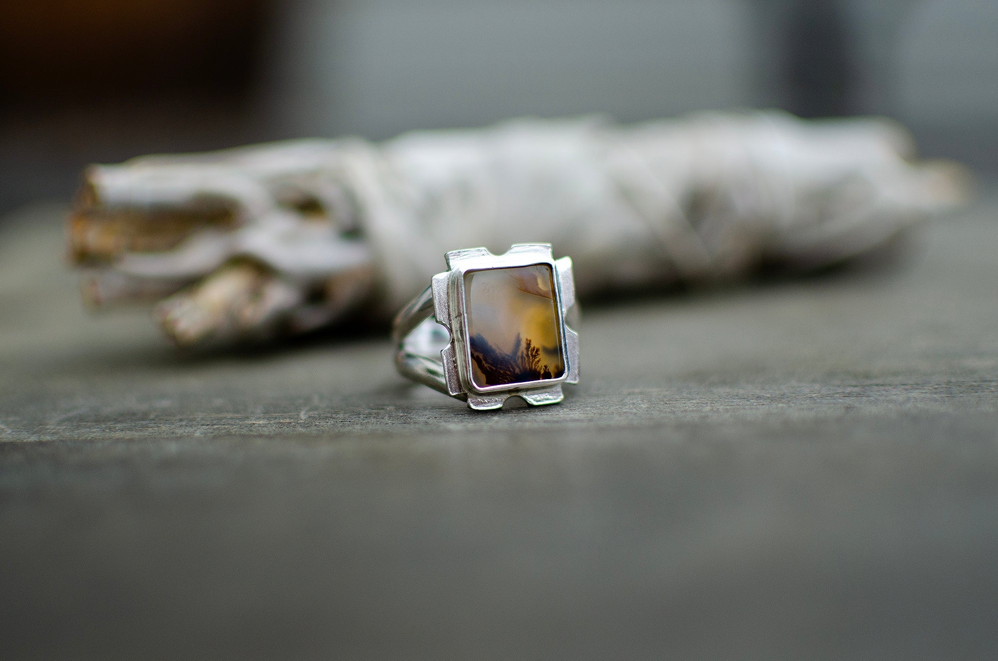 Bague en argent sterling avec agate dendritique – Taille 8,5