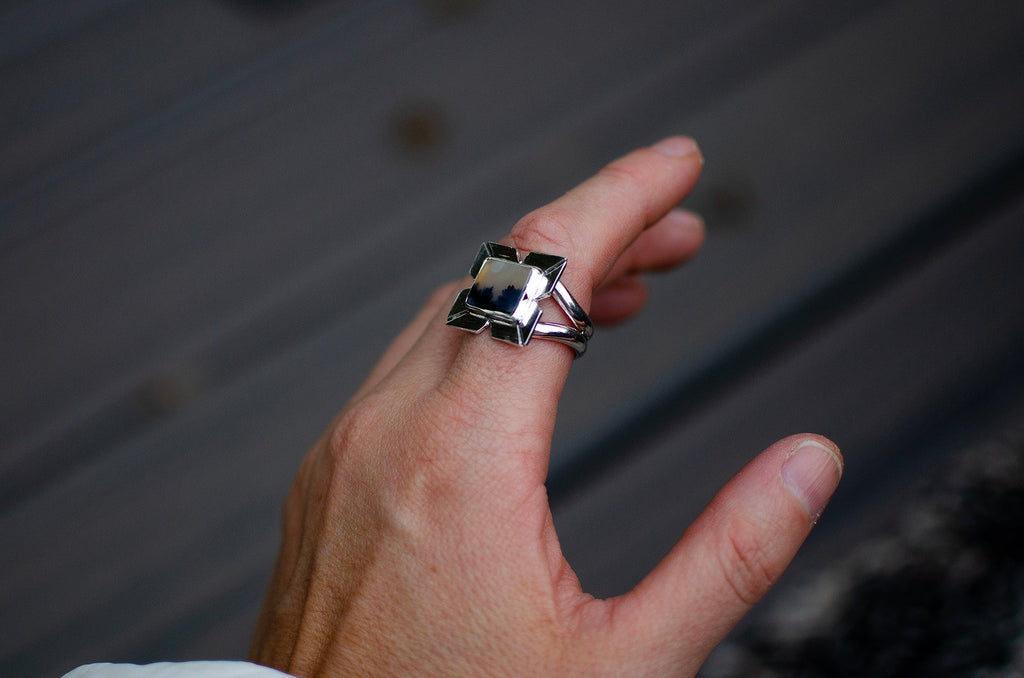 Bague en argent sterling avec agate dendritique – Taille 9,5