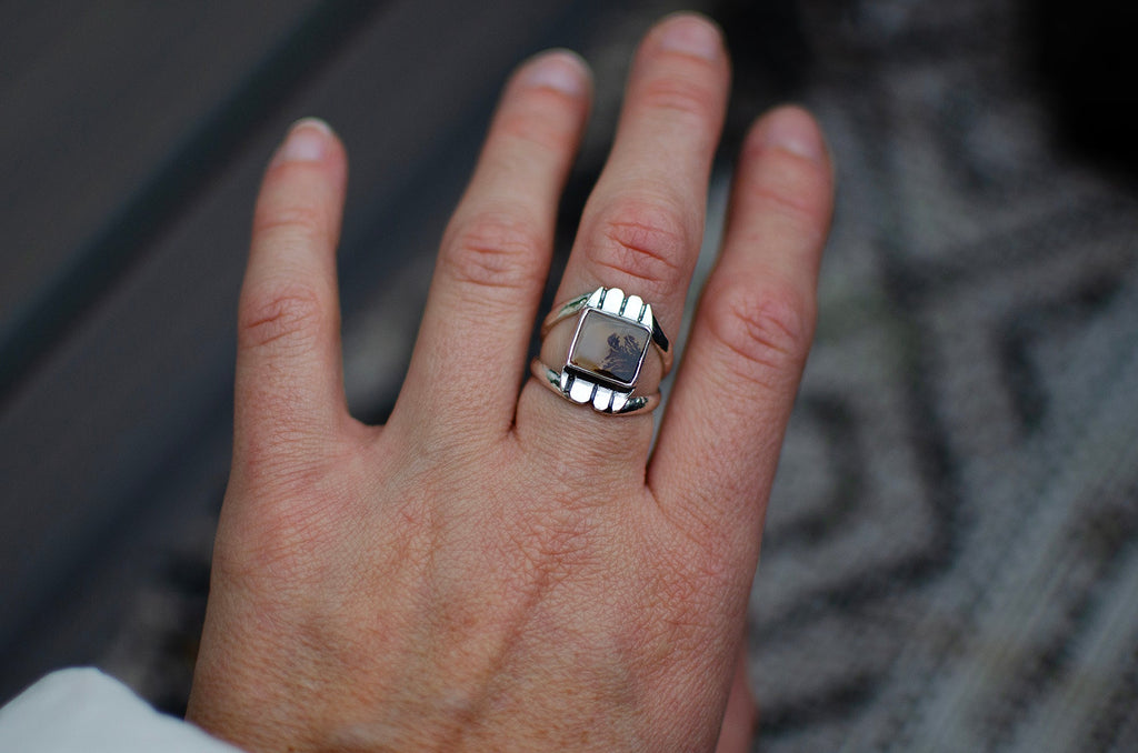 Bague en argent sterling avec agate dendritique – Taille 7