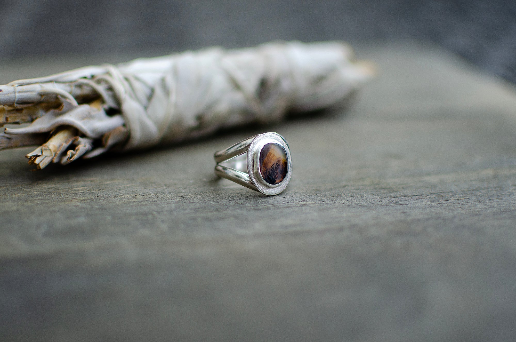 Bague en argent sterling avec agate dendritique – Taille 6,5
