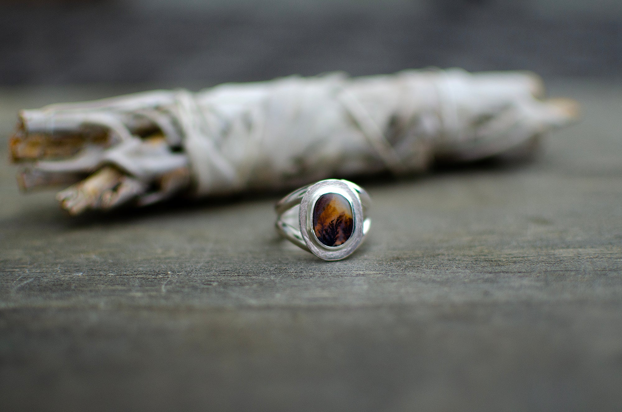 Bague en argent sterling avec agate dendritique – Taille 6,5