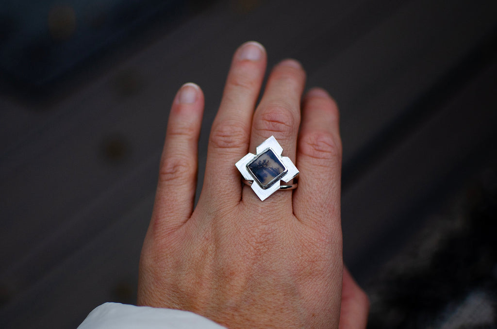 Bague en argent sterling avec agate dendritique – Taille 8 à 8¼