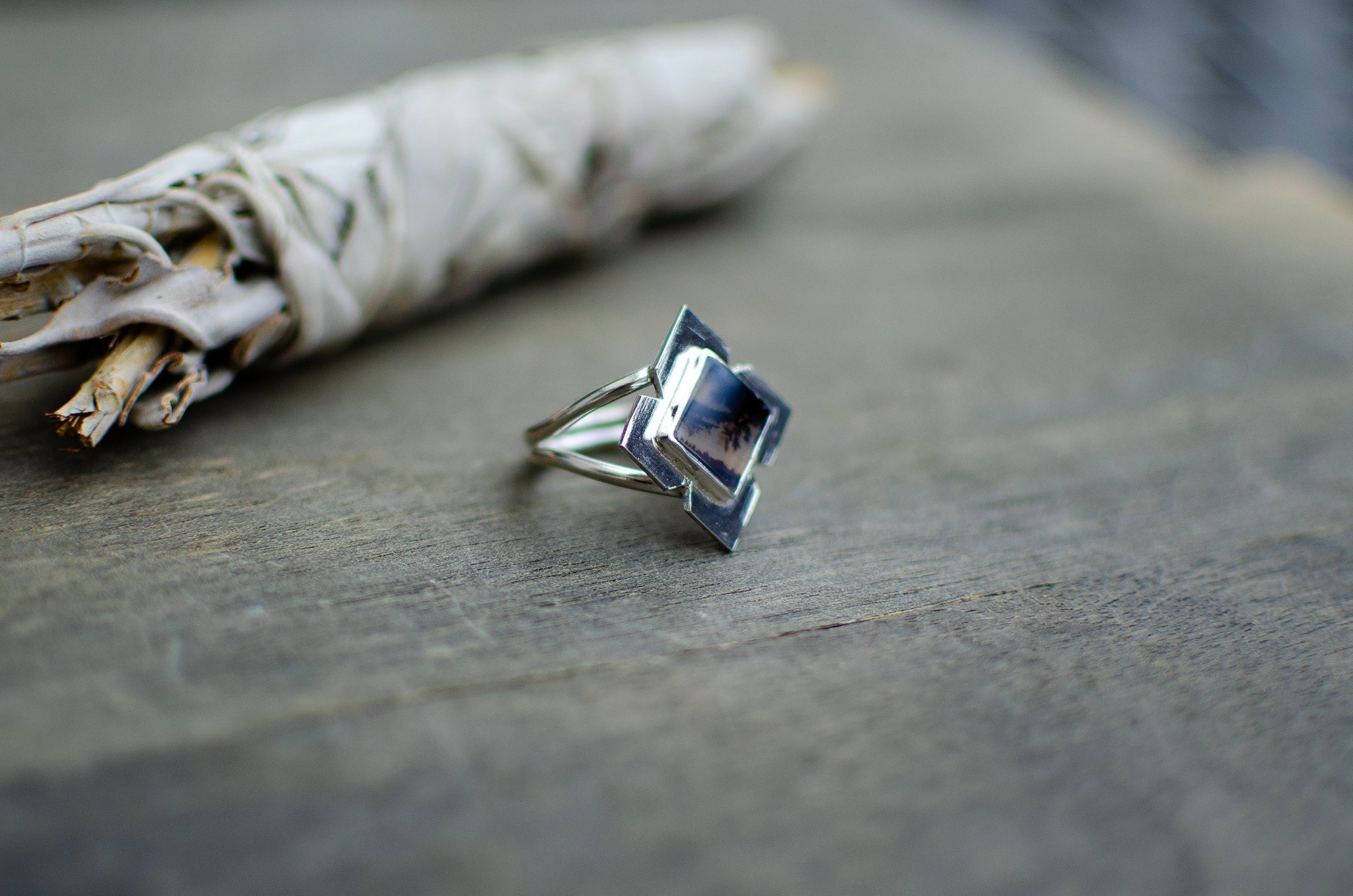 Bague en argent sterling avec agate dendritique – Taille 8 à 8¼