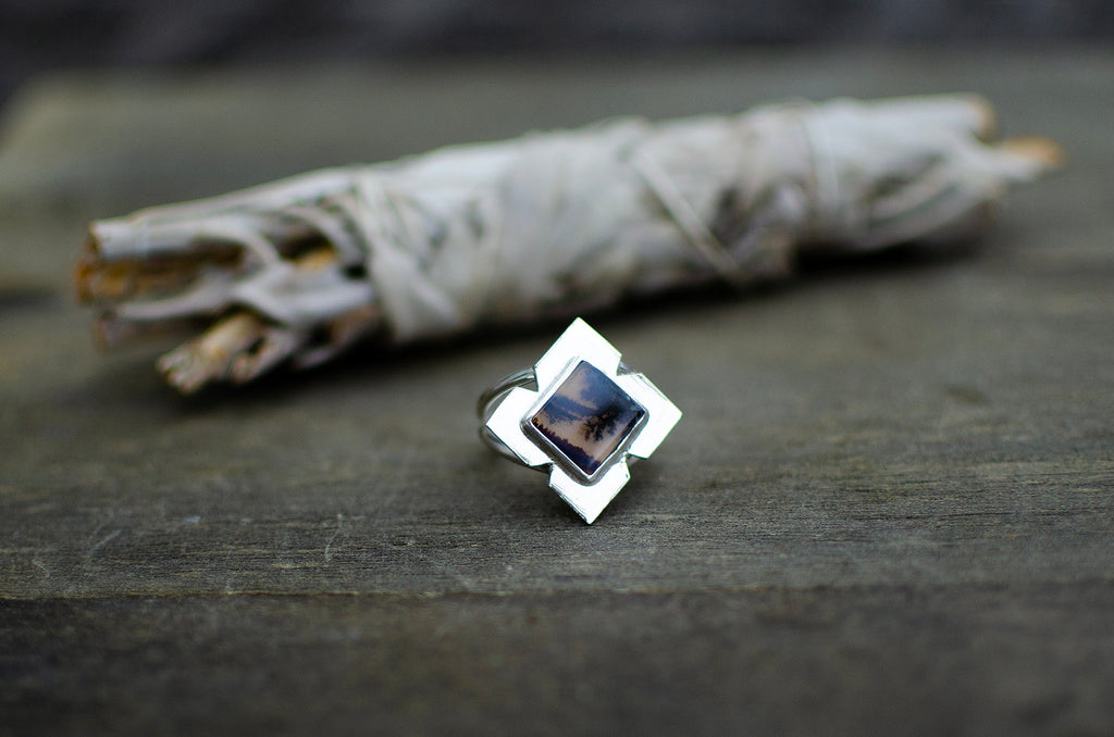 Bague en argent sterling avec agate dendritique – Taille 8 à 8¼