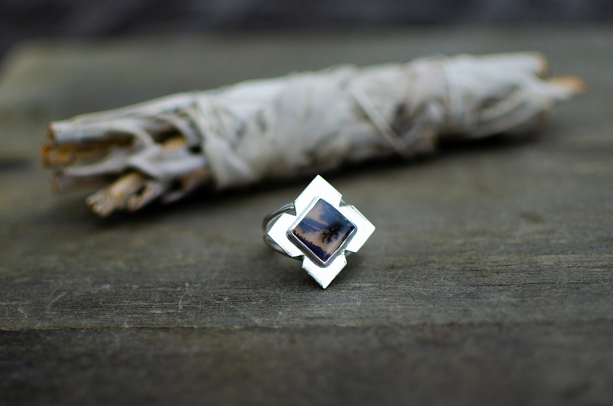 Bague en argent sterling avec agate dendritique – Taille 8 à 8¼